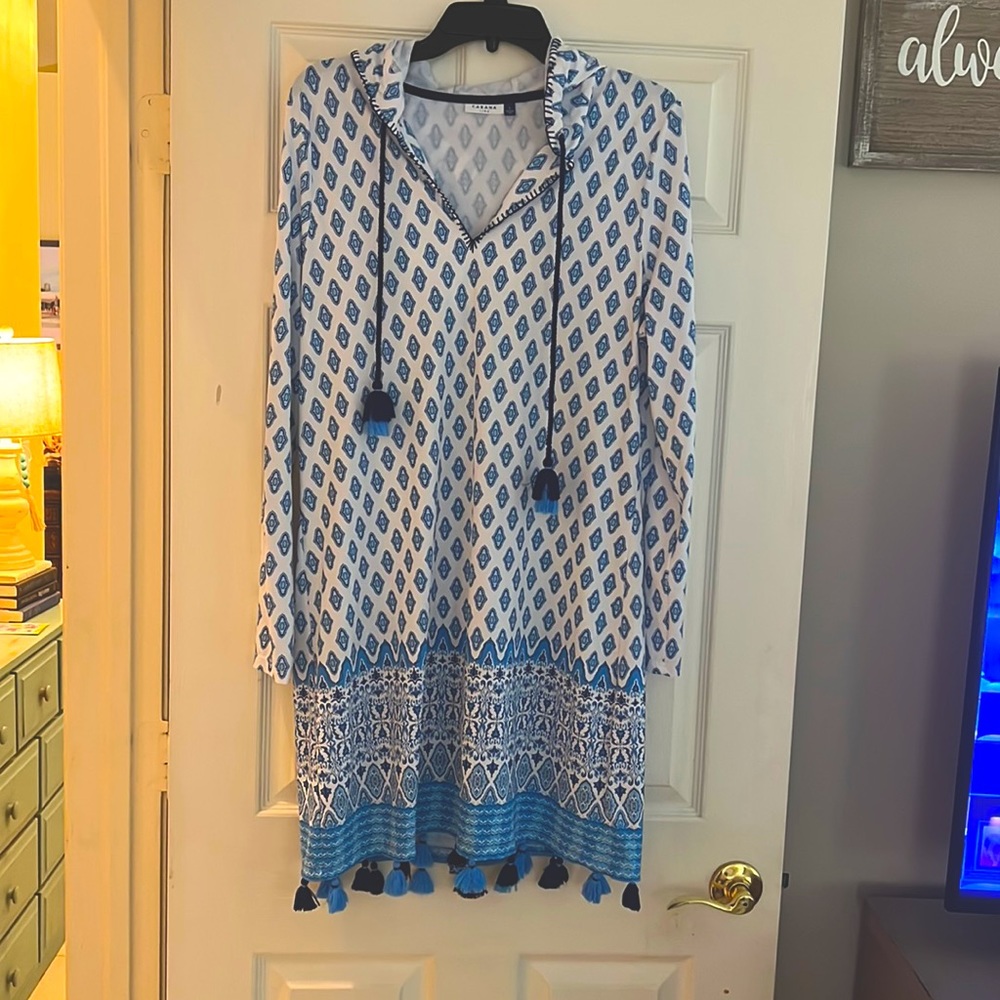 Cabana Life blue and white hooded dress or coverup.  Fringe Detail on bottom!